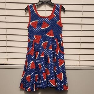 Eleanor Rose Blue Polka Dot and Red Watermelon Kids Dress Size 6-7